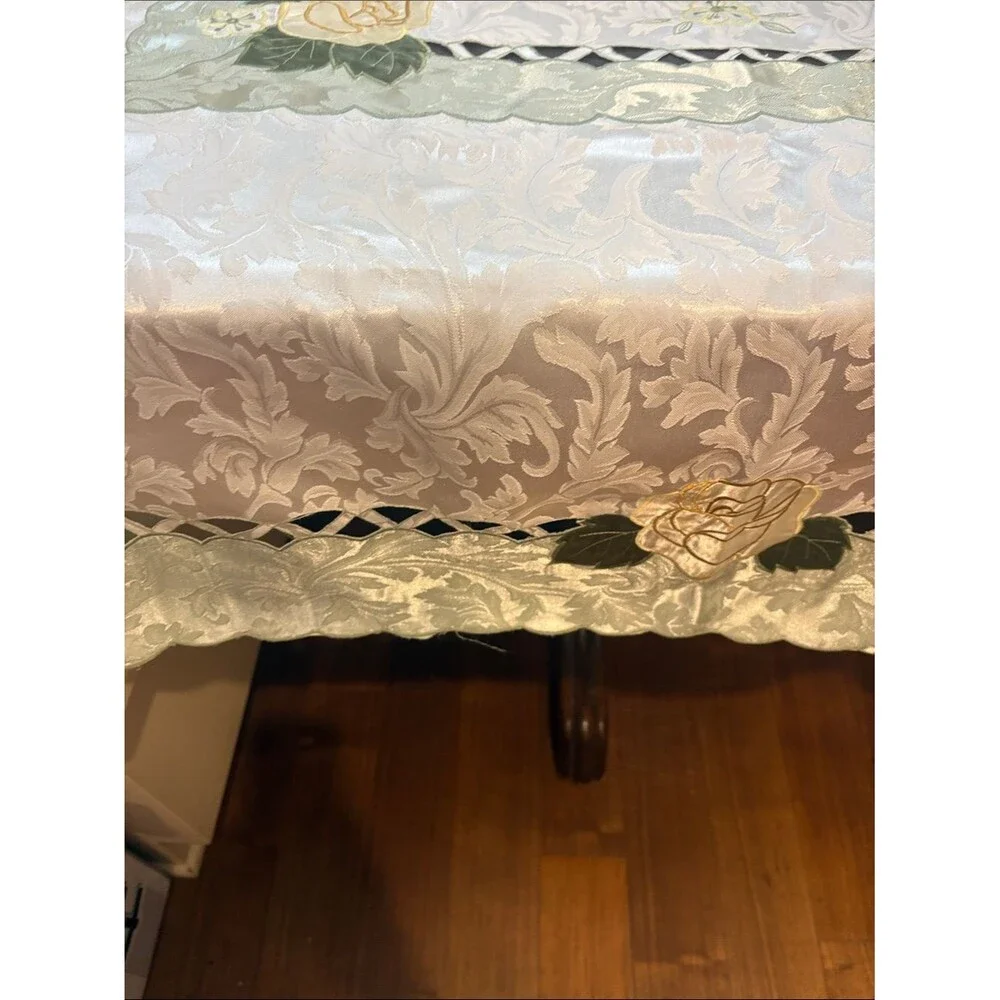 Elegant Cream Floral Embroidered Cut out Tablecloth